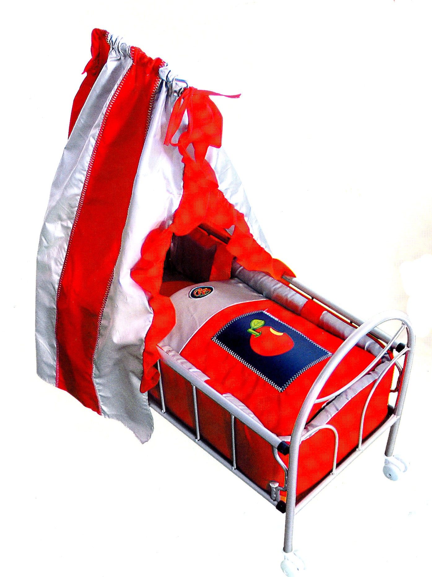 Кроватка на колесиках для куклы  (красная с яблочком) со светящимся логотипом